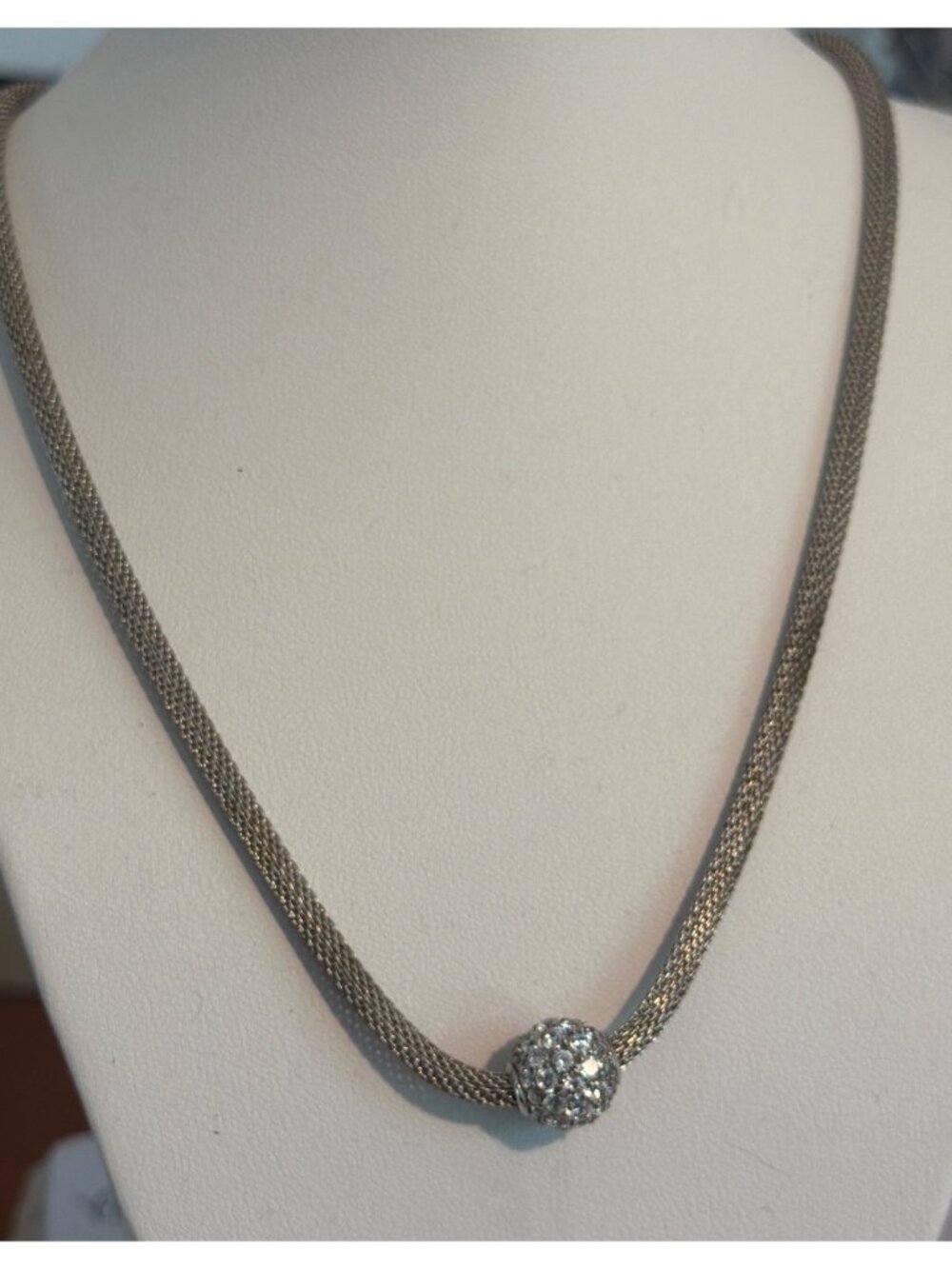 Vintage Seta Sterling Silver Mesh Chain Necklace CZ Pave Ball Bead 18" Estate
